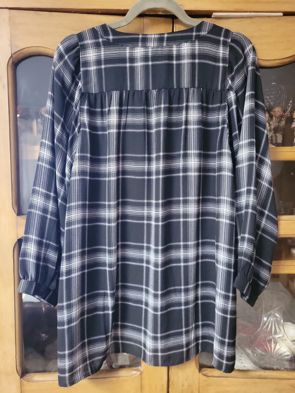 LOFT Black & White Plaid Split-Neck Blouse